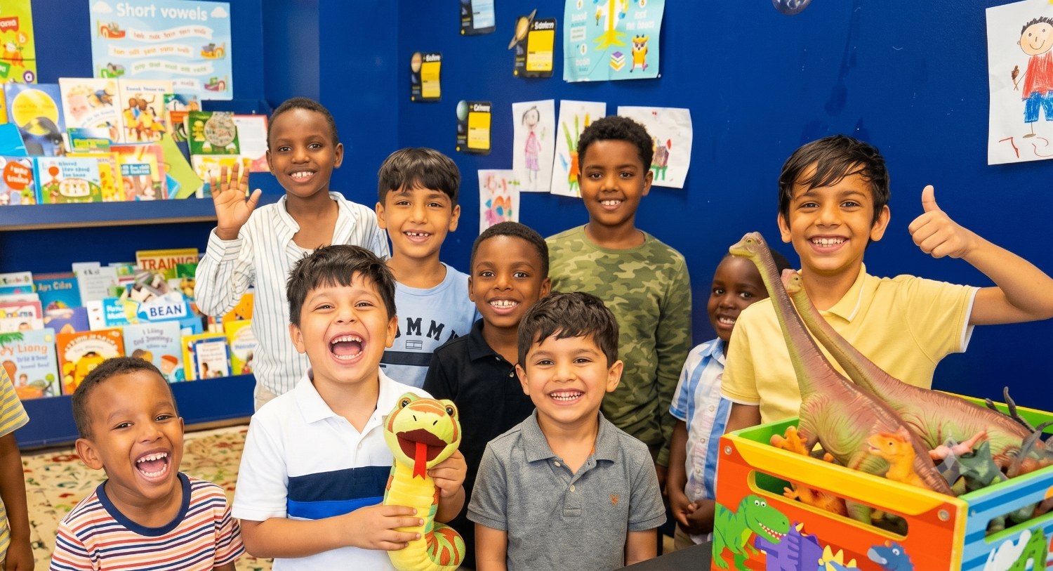 Group of joyful children smiling together in a bright, colorful classroom