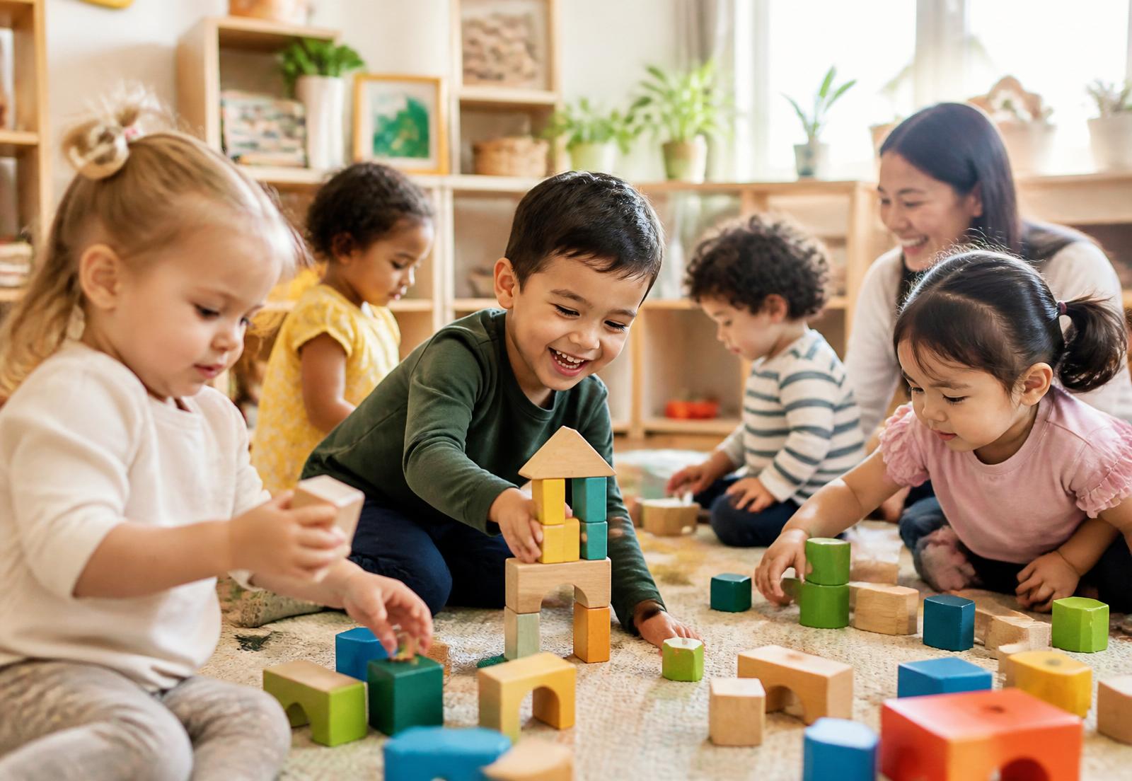 Diverse young children playing with colorful wooden blocks in a bright classroom